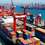 **"Busy international port with cargo ships, containers being loaded, customs officials inspecting goods, and diverse workers, illustrating Incoterms in action. Focus on the visual representation of responsibilities for shipping, insurance, and tariffs."**