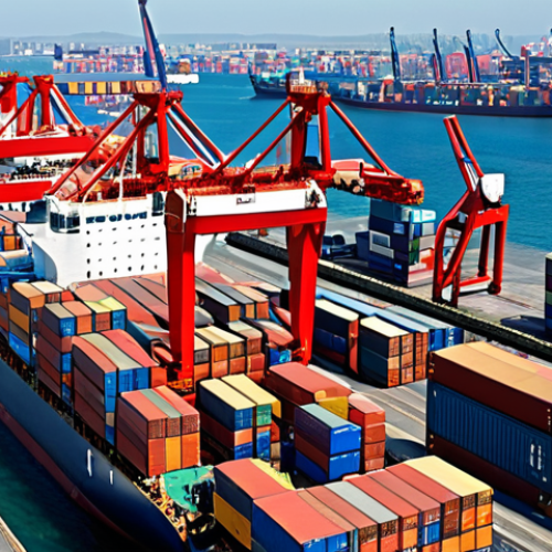 Home 4 **"Busy international port with cargo ships, containers being loaded, customs officials inspecting goods, and diverse workers, illustrating Incoterms in action. Focus on the visual representation of responsibilities for shipping, insurance, and tariffs."**