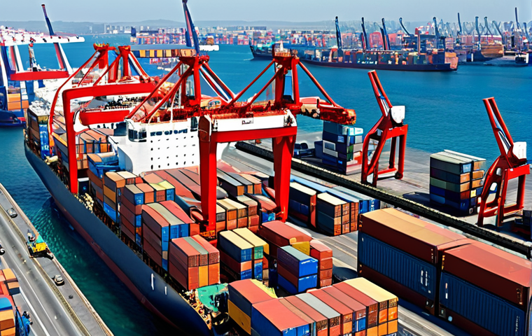 **"Busy international port with cargo ships, containers being loaded, customs officials inspecting goods, and diverse workers, illustrating Incoterms in action. Focus on the visual representation of responsibilities for shipping, insurance, and tariffs."**