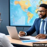 국제비즈니스매니저 이직 성공 사례 - A professional international business manager in a modern office setting, confidently leading a mult...