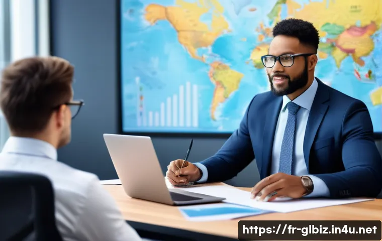 국제비즈니스매니저 이직 성공 사례 - A professional international business manager in a modern office setting, confidently leading a mult...