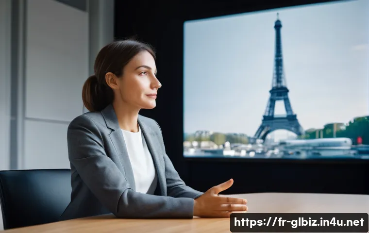 국제비즈니스 자격시험 실기 면접 준비법 - A professional business presentation scene in a modern conference room set in Paris, featuring a wel...