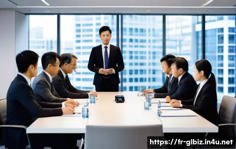 국제비즈니스 실무에서의 사례 발표 - A professional international business meeting scene set in a modern corporate office, featuring dive...