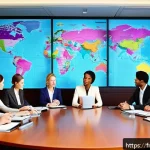 Home 19 국제비즈니스 실기 시험 준비 자료 - A detailed professional office scene showing a diverse group of young international business profess...