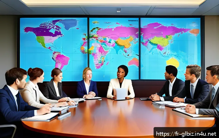 국제비즈니스 실기 시험 준비 자료 - A detailed professional office scene showing a diverse group of young international business profess...