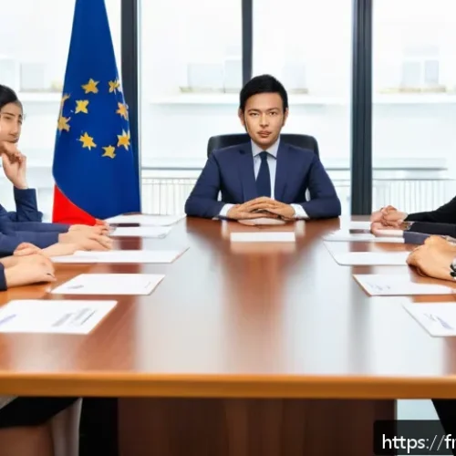 Home 17 국제비즈니스 협상 사례 공유 - A sophisticated international business negotiation scene set in a modern conference room with divers...