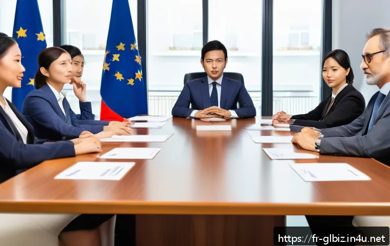국제비즈니스 협상 사례 공유 - A sophisticated international business negotiation scene set in a modern conference room with divers...