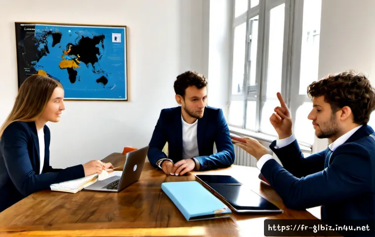Home 17 국제비즈니스 자격증 스터디 그룹 활용법 - Photorealistic study group of four French young professionals preparing for an international busines...