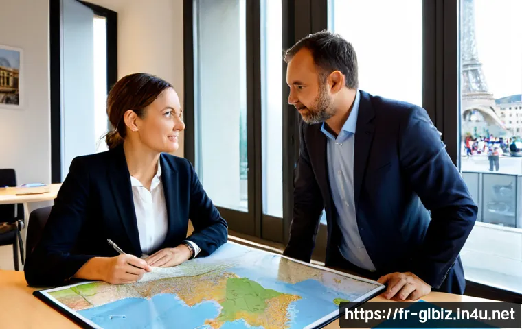 국제비즈니스 관련 정부 지원 프로그램 - Photorealistic French small-business owner meeting with a government export advisor in a bright mode...