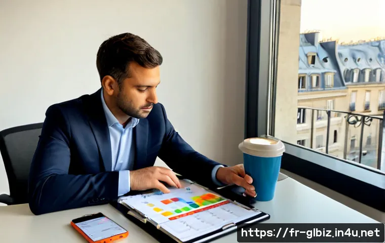 Home 17 국제비즈니스매니저의 시간 관리 비법 - Photorealistic international business manager in a modern Paris office, calmly organizing a color-co...